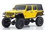 A yellow Kyosho Mini-Z Jeep Wrangler Unlimited Rubicon RC rock crawler on a white background.