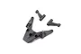 A black plastic front bulkhead and two matching support braces for an RC car, isolated on a white background.