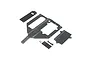 A set of Losi RC chassis, motor, and battery cover plates made of dark grey metal, arranged on a white background.