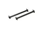 Two black metal dogbone style RC drive shafts laid side by side on a white background.