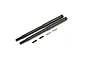 Two black metal rear axle shafts with threaded ends and two small silver metal pins, isolated on a white background.