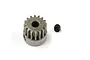 A Kyosho 16-tooth steel pinion gear and a small black grub screw isolated on a white background.