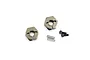 Two gunmetal grey aluminium clamping 12mm wheel hexes with two small metal pins and two black socket head screws on a white background.