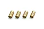 Four small brass cylindrical propeller collars arranged in a row on a white background.