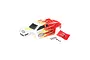 Losi 1/18 Mini-T 2.0 pre-painted red and white body shell with decals, rear wing, and mounting hardware on a white background.