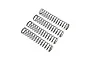 Four black RC shock springs arranged diagonally on a white background, each featuring a small red paint mark for identification.