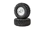Two Losi Falken Wildpeak MT tyres mounted on silver Method short course wheels, stacked vertically against a white background.