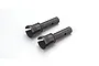 Two Kyosho front wheel shafts for RC cars, featuring a dark metal finish with a cup-shaped end and a cross-drilled hole on the shaft.