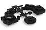 Black plastic transmission case parts still attached to the moulding sprue tree on a white background.