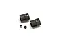 Two dark grey metal joint cups and two small grub screws for RC drivetrain assembly.