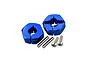 Two blue anodized aluminium RC wheel hex adapters with two metal pins and two socket head screws on a white background.