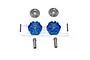 GPM Racing blue aluminium 17mm wheel hex adapters with pins and nuts on a white background.