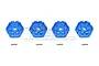 Four blue anodized aluminium 17mm wheel hex adapters with matching metal pins, arranged on a white background with a faint GPM Racing logo.