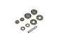 A set of Kyosho RC differential gear parts including bevel gears, washers, and a metal shaft on a white background.