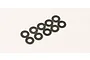 A set of ten small, dark metal washers arranged in two rows on a white background.