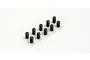 A set of ten small black metal grub screws arranged on a plain white background.