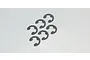 Six small metal E-clips arranged on a plain white background.