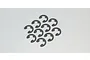 A collection of ten small, dark grey metal E-clips arranged on a plain white background.