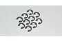 A collection of ten small, dark grey metal E-clips arranged on a plain white background.