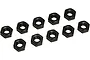 Ten small black steel hexagonal nuts arranged on a plain white background.