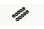 Ten small black steel hex nuts arranged in two parallel rows of five against a plain white background.