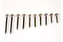 A set of ten silver-coloured metal suspension screw pins of varying lengths arranged in a row on a white background.