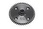 A black Kyosho 46T 1Mod spur gear for RC vehicles, featuring a central hub and four mounting holes, isolated on a white background.