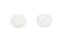 Two white circular RC shock pistons with six small holes and a central shaft hole, isolated on a white background.
