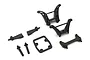 A set of black plastic RC car parts including shock towers and mounting components for the Kyosho Fazer Mk2.
