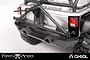 Close-up of the rear bumper and spare tyre carrier on an Axial SCX10 RC vehicle, featuring a black Poison Spyder RockBrawler design.
