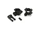 Kyosho Fazer Mk2 FZ02 black plastic steering hub and suspension components on a white background.