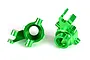 Two bright green anodized aluminium steering hubs for Traxxas Maxx RC vehicles, shown from different angles on a white background.