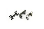 Kyosho gunmetal aluminium front hub carriers and a small plastic parts tree on a white background.