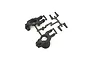 Two black plastic RC front hub carriers attached to a plastic sprue tree on a white background.