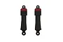 Two ARRMA RC front shock absorbers with black bodies and red adjustment collars on a white background.