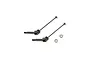 Two Losi front CVD drive shafts and two small metal washers on a white background.