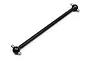 A black metal RC centre drive shaft with universal joint pins at both ends, isolated on a white background.