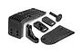 A set of black plastic RC car chassis brackets and mounts from HPI Racing, including ribbed plates, a corner brace, and a body post.