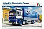 The box art for an Italeri 1/24 scale Volvo F16 Globetrotter Canvas truck model kit, featuring a blue and white truck parked in front of a building.