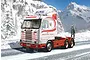 Box art illustration of a white and red Scania Streamline 143H truck model kit driving on a snowy mountain road with a person standing nearby.