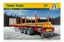 The box art for an Italeri 1/24 scale Timber Trailer model kit, featuring a red trailer loaded with logs against a snowy mountain backdrop.