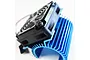 A blue anodized aluminium motor heat sink with a black cooling fan attached, viewed from an angle against a white background.