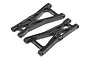 Two black plastic front suspension arms for an HPI Racing RC vehicle, shown from an angled top-down perspective on a white background.