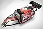 Rovan black steel roll cage for RC Baja buggy with red and white graphic panels, LED light bar, and a black rear wing.