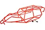 A red steel roll cage for an RC Baja buggy, shown from a high-angle perspective against a white background with included mounting hardware.