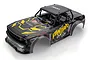 A pre-painted black and yellow UDI Panther 1/16 scale RC car body shell with racing decals, viewed from a high angle against a white background.