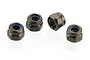 Four gunmetal grey steel nyloc nuts with blue nylon inserts arranged on a white background.