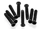 A group of eight black metal RC screws with coarse threads and Phillips head drives arranged on a white background.