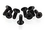 A group of eight black metal countersunk Phillips head screws arranged on a white background.