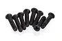 A group of eight black metal countersunk screws with cross-head drives arranged on a white background.